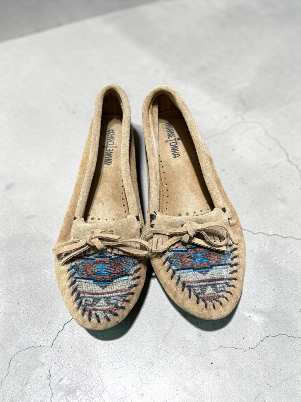 Minnetonka Tan Suede Moccasins with Multicolor Aztec Stitching